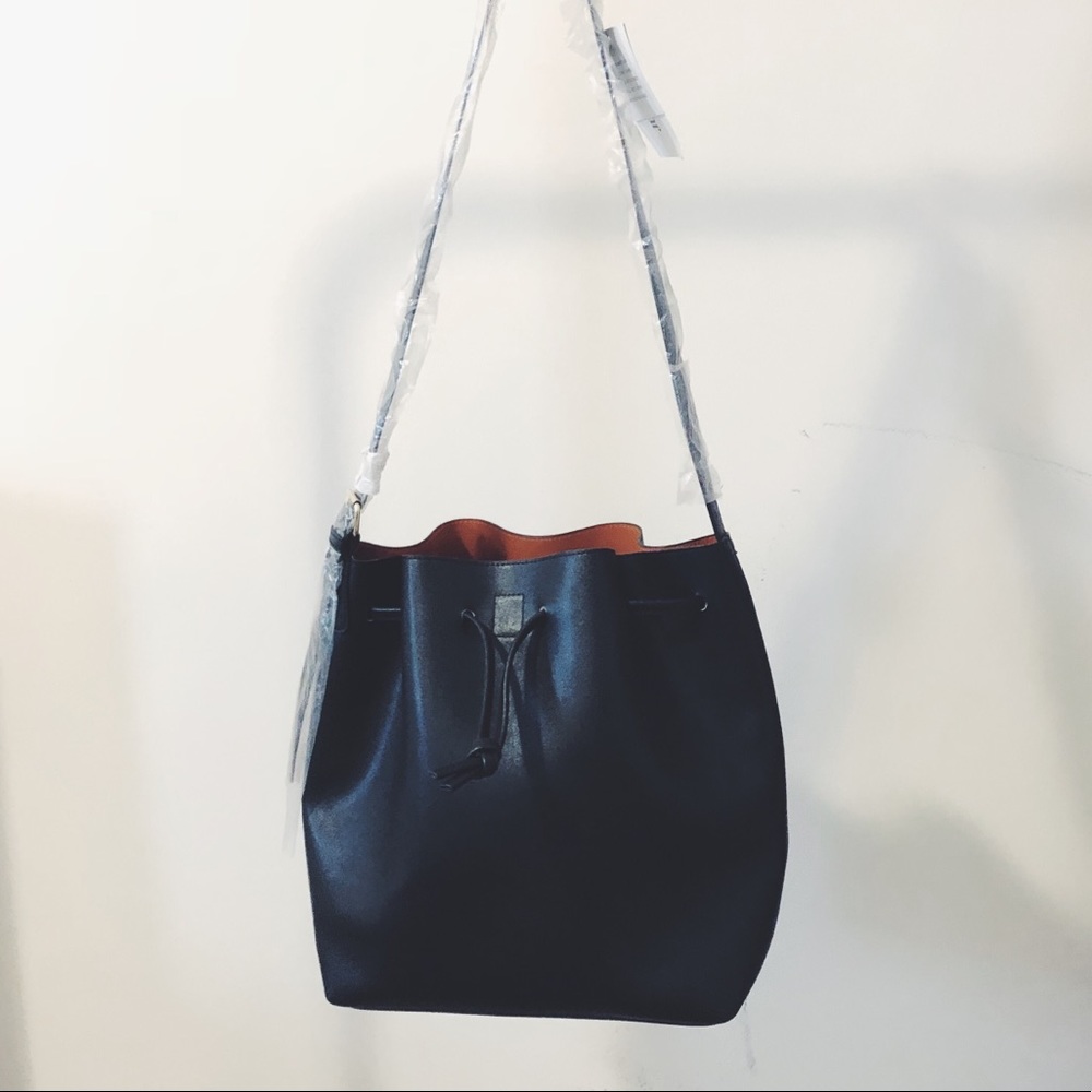 Black Vegan Leather Bucket Bag w/ Drawstring NWT